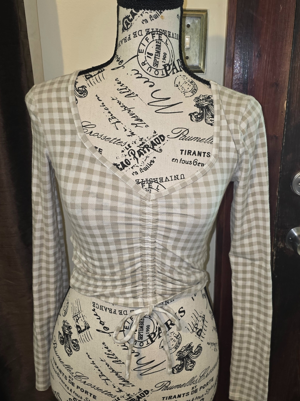 Hollister Beige Gingham Ruched Tie Crop Top XS